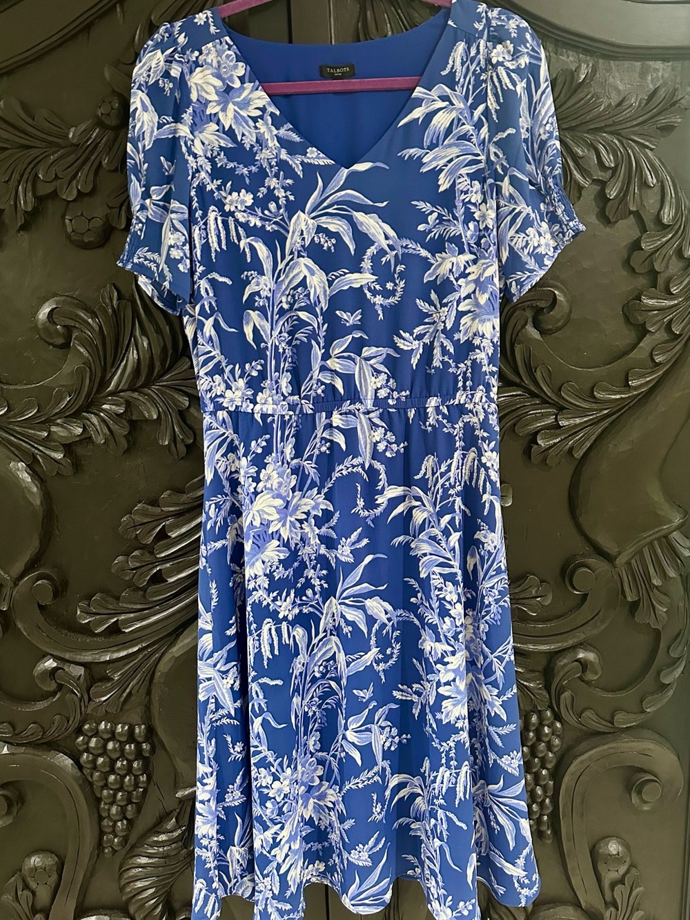 Talbots Royal Blue and White Floral V‑Neck Fit & Flare Dress